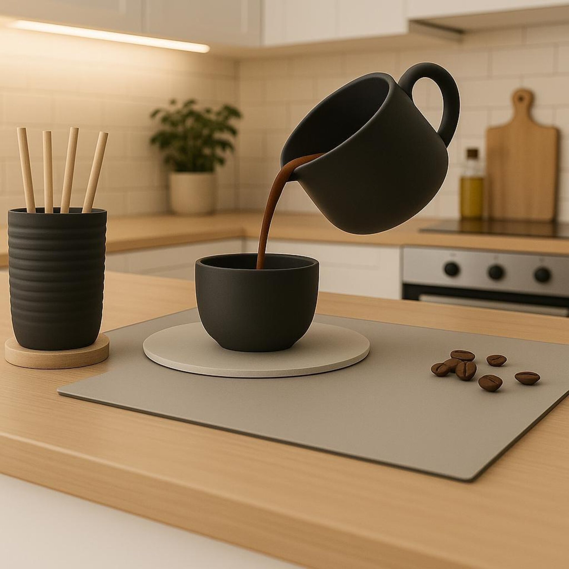 Sculpture de Café Versé en Lévitation | Art du Café Noir Imprimé en 3D Illusion d'Optique Décoration Cuisine | Cadeau Amateur de Café Barista Bar à Café Unique