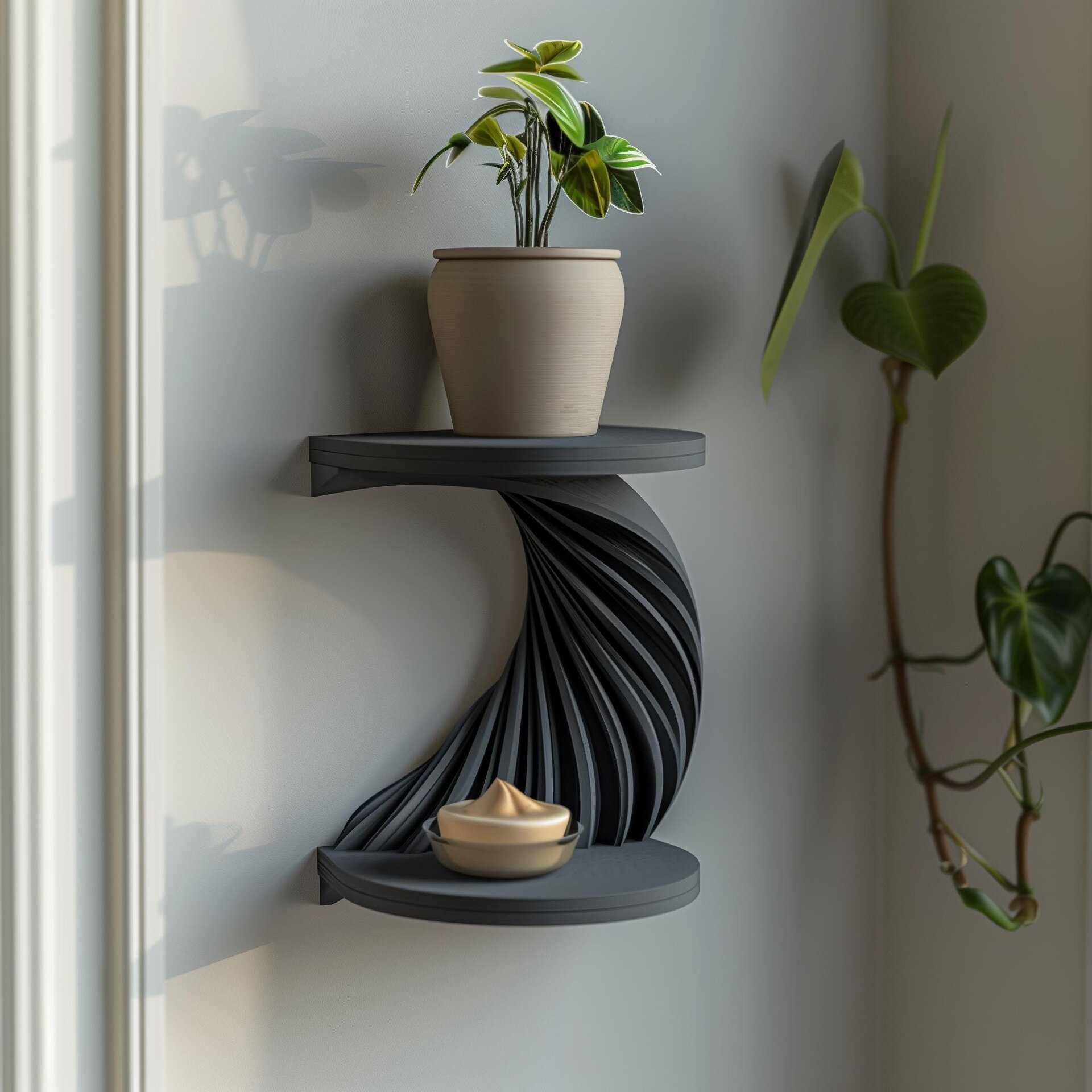 Étagère murale spirale imprimée en 3D | Présentoir d'angle flottant moderne à deux niveaux | Accent déco sculptural et minimaliste