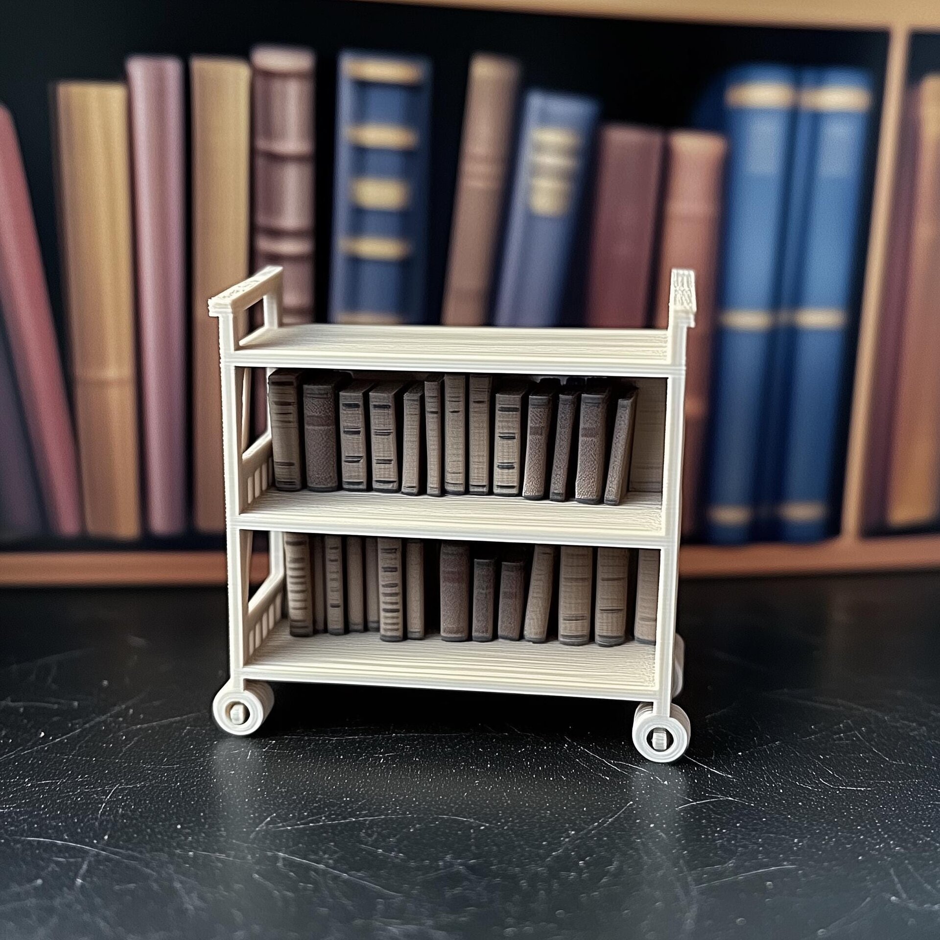 Chariot de Bibliothèque pour Maison de Poupée | Bibliothèque Miniature à l'Échelle 1:12 | Bibliothèque Roulante Imprimée en 3D