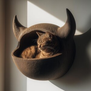 Lit-Étagère Mural Chat Cornu | Lit Mural Sculptural pour Chat Imprimé en 3D | Mobilier pour Chat Moderne Inspiré de la Fantasy pour Intérieurs Stylés