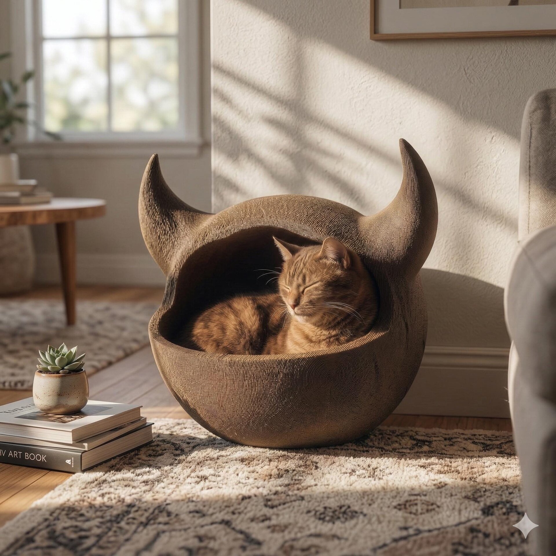 Lit grotte pour chat à cornes | Cocon de sol pour chat imprimé en 3D | Cachette douillette et fermée pour chat | Mobilier moderne pour animaux