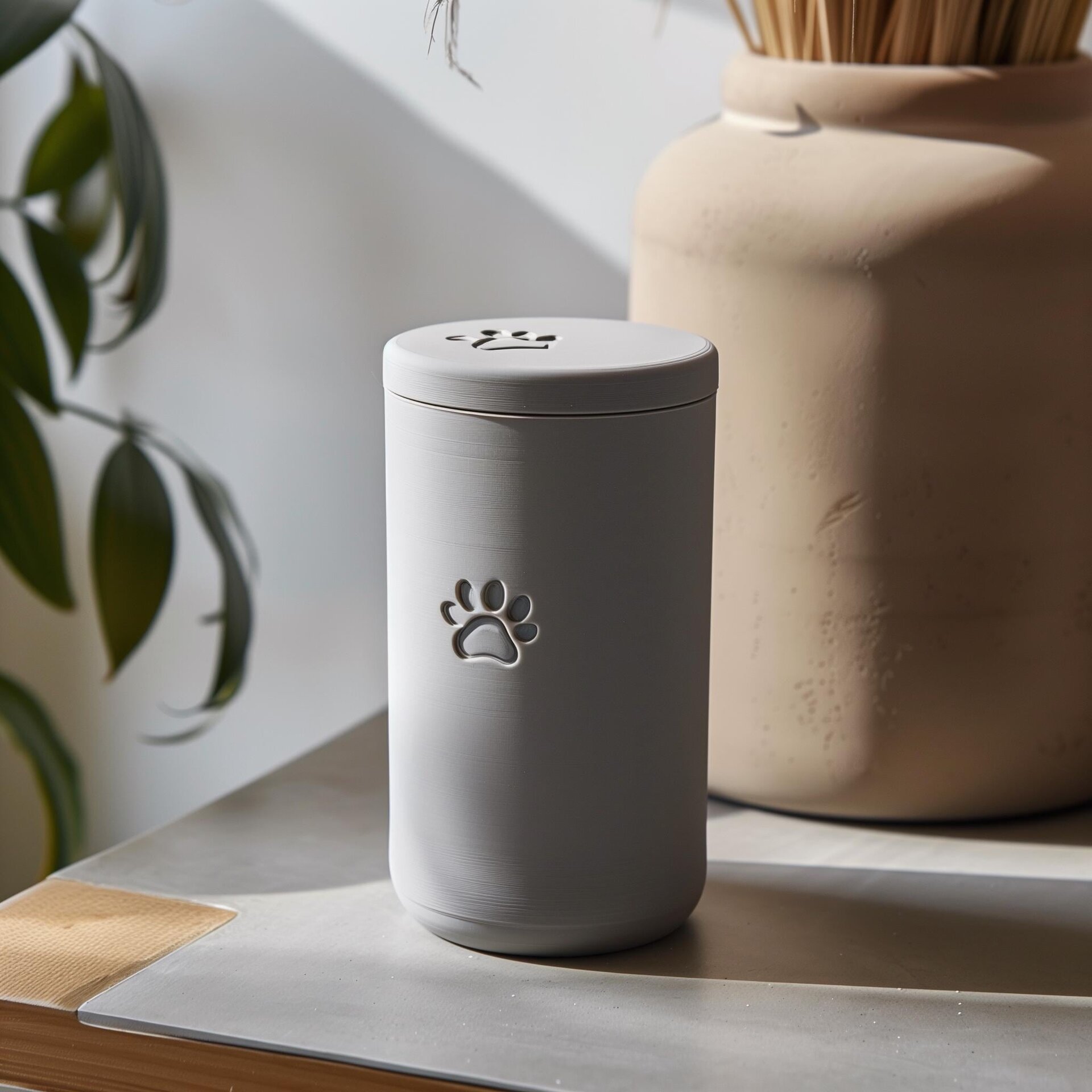 Urne à cendres pour animal avec empreinte de patte | Cylindre commémoratif minimaliste imprimé en 3D avec couvercle, pour tout animal | Décoration commémorative moderne, cadeau de sympathie