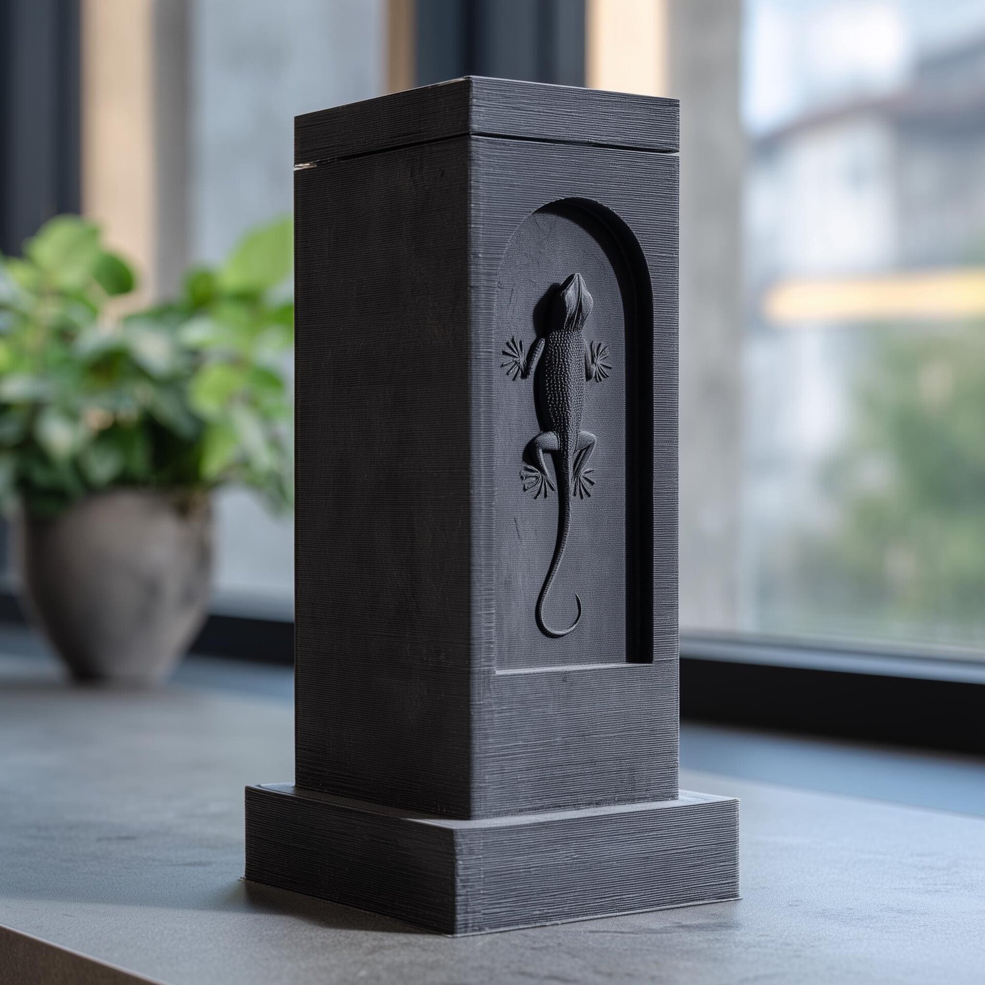 Urne à cendres tour gecko pour animal | Souvenir commémoratif architectural imprimé en 3D avec relief de lézard en creux | Décoration de crémation minimaliste, cadeau de sympathie