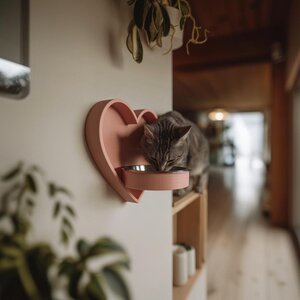 Support Mural pour Gamelle Animal en Forme de Cœur | Cadre Surélevé Imprimé en 3D pour Chat ou Petit Chien | Station de Repas Mignonne, Décoration Murale pour Gamelle