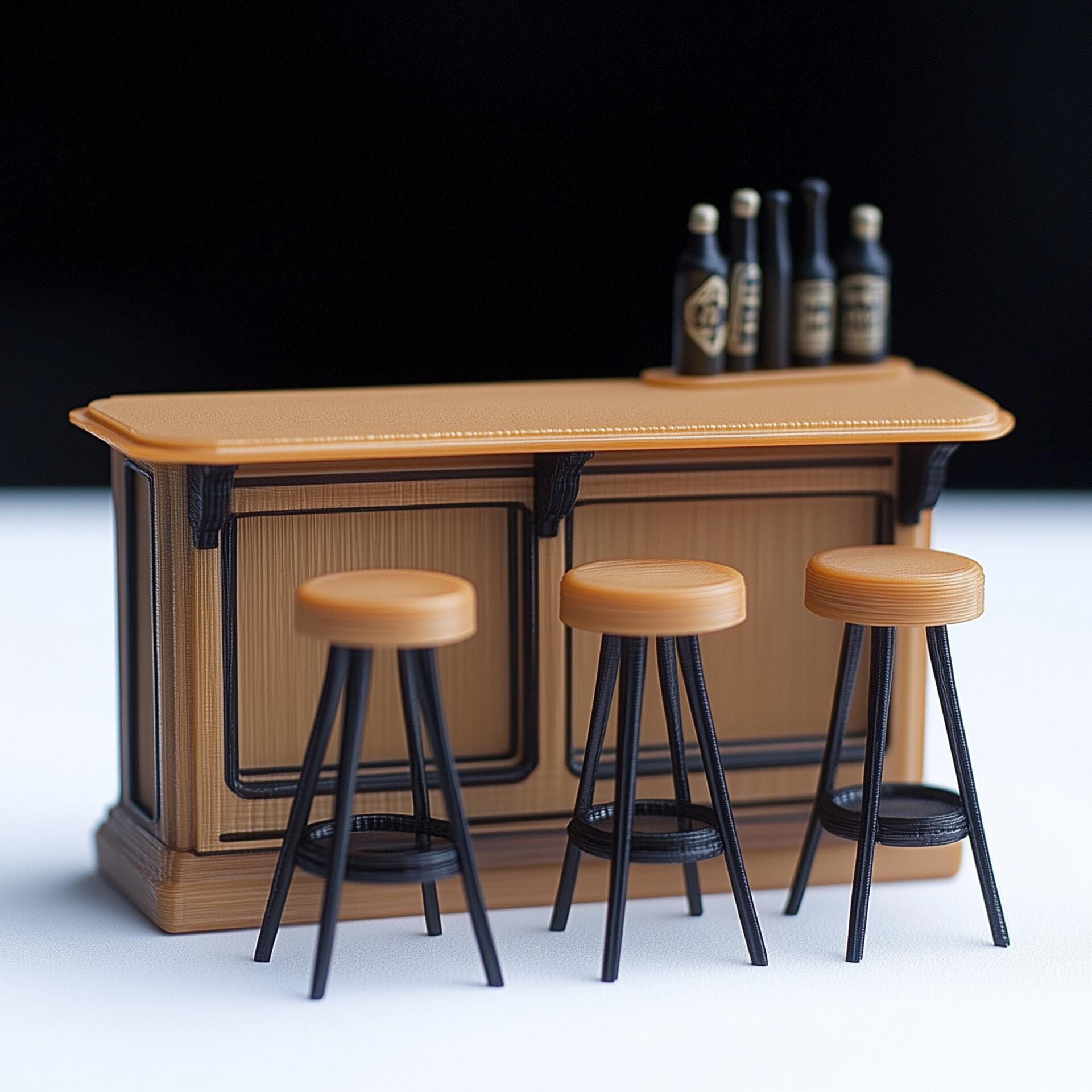 Ensemble de comptoir de bar miniature à l'échelle 1:12 pour maison de poupée | Tabourets de bar imprimés en 3D, scène de pub miniature | Mobilier de bar minuscule, diorama de mini-bar moderne