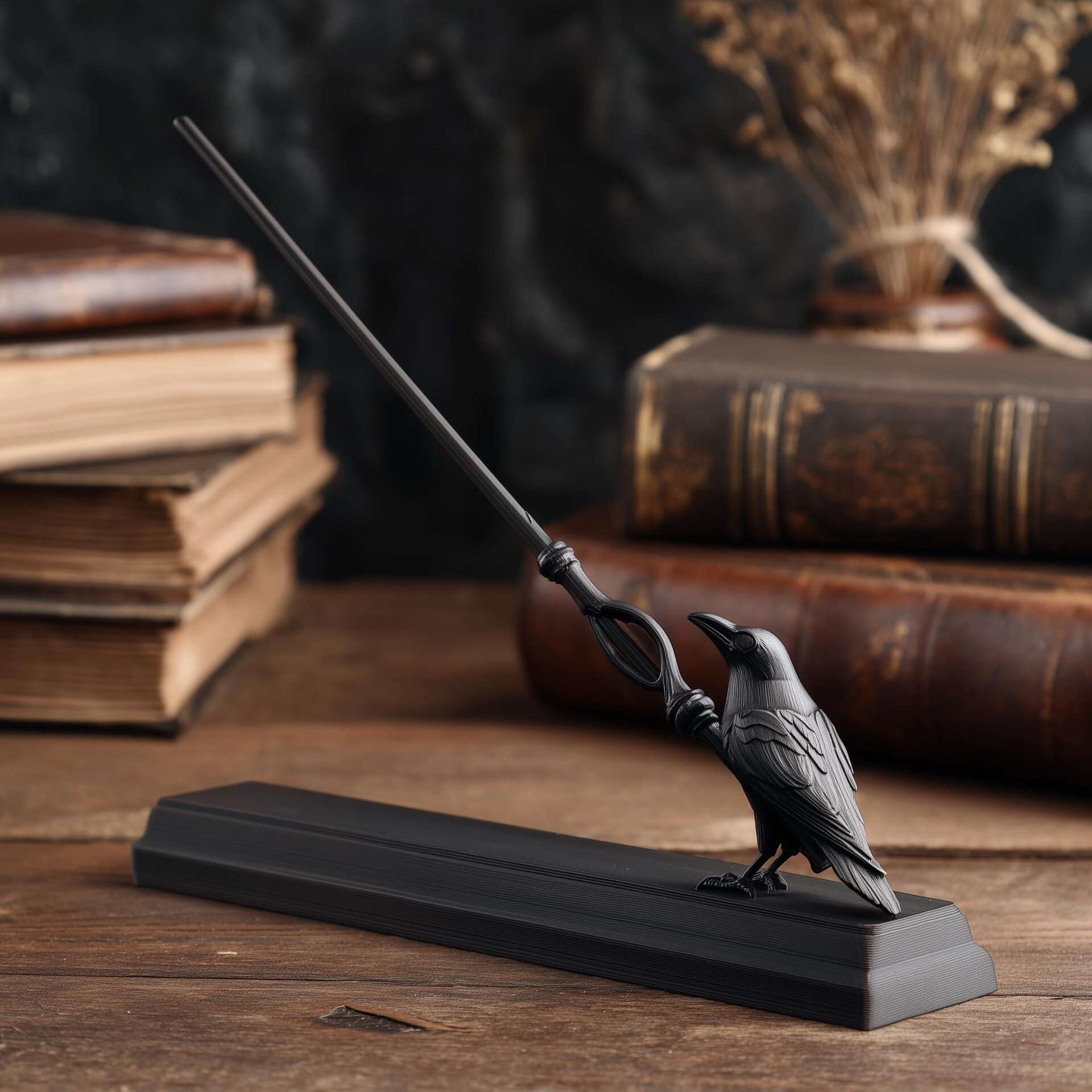 Baguette Magique Corbeau avec Support d'Exposition | Accessoire de Baguette de Sorcier Fantastique Imprimée en 3D pour Cosplay | Pièce de Décoration de Bureau Gothique pour Collectionneurs