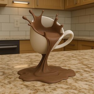 Sculpture d'Éclaboussure de Café Imprimée en 3D | Tasse de Café Renversée en Lévitation Illusion d'Optique Décoration de Bureau | Présentoir Bar à Café Cadeau Barista Unique