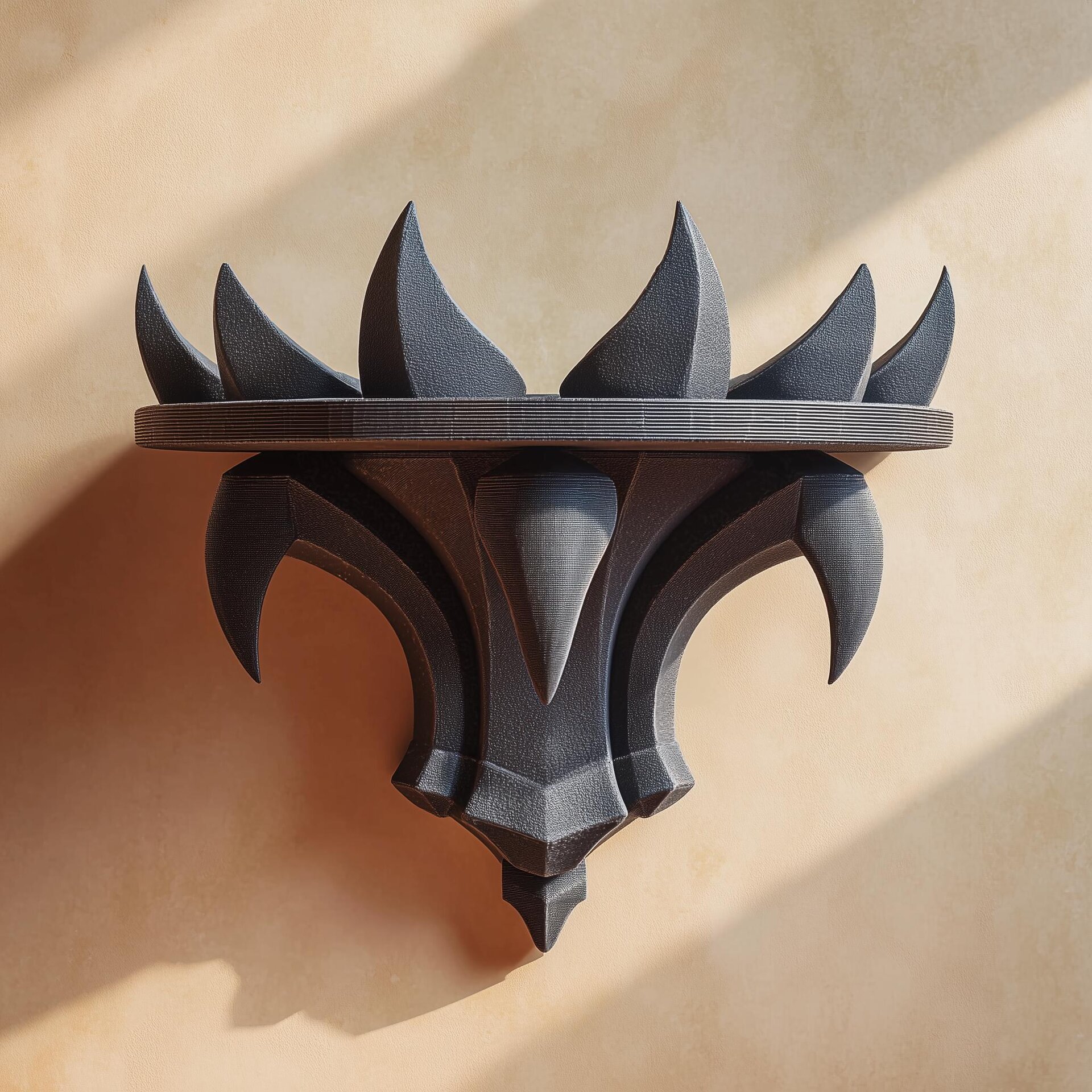 Étagère Murale Flamme Gothique Imprimée en 3D | Rebord à Pointes Fantasy Sombre | Présentoir Flottant en PLA Noir pour Salon, Chambre ou Salle de Jeux