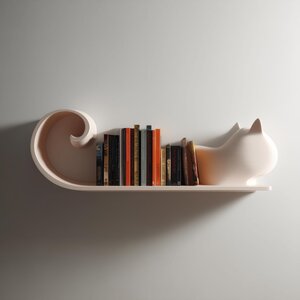 Étagère Murale Chat Minimaliste | Étagère à Livres Sculpturale Imprimée en 3D | Étagère d'Accent Scandinave Moderne pour Intérieurs Contemporains Épurés