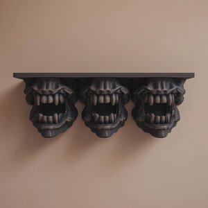 Étagère Murale Triple Tête de Monstre Imprimée en 3D | Étagère Flottante Horreur Gothique | Décoration Créature Fantastique Sombre pour Salle de Jeux, Chambre ou Couloir