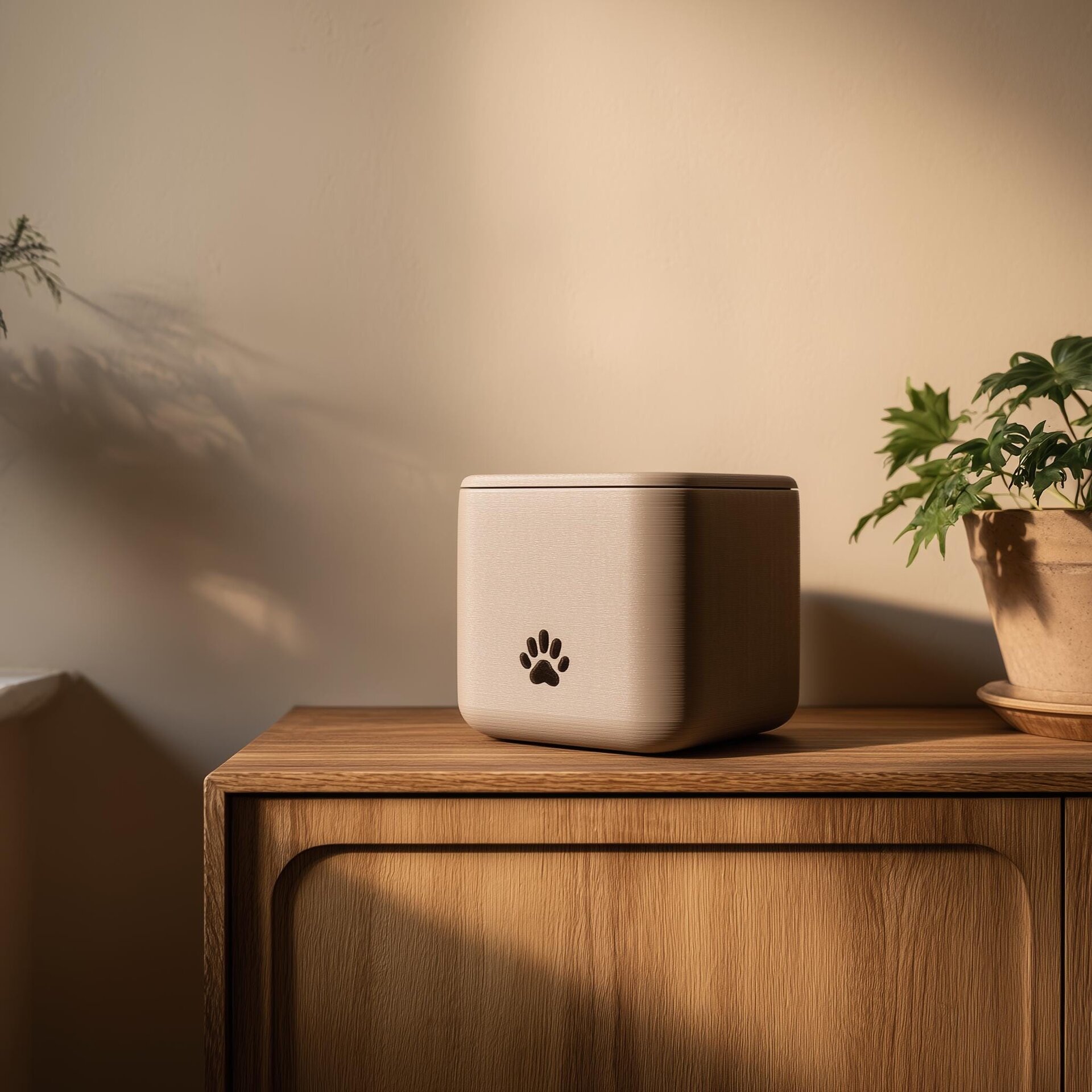 Urne de crémation carrée moderne pour animal imprimée en 3D avec empreinte de patte | Boîte commémorative minimaliste imprimée en 3D pour animaux | Décoration du souvenir neutre pour la maison