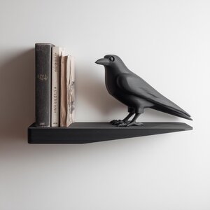 Étagère murale corbeau imprimée en 3D | Serre-livres oiseau flottant minimaliste | Accent déco gothique moderne pour coins lecture et bureaux