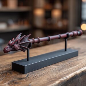Baguette Magique Tête de Dragon avec Support d'Exposition | Réplique de Bâton de Sorcier Fantastique Imprimée en 3D | Objet de Collection Cosplay, Décoration de Bureau Gothique