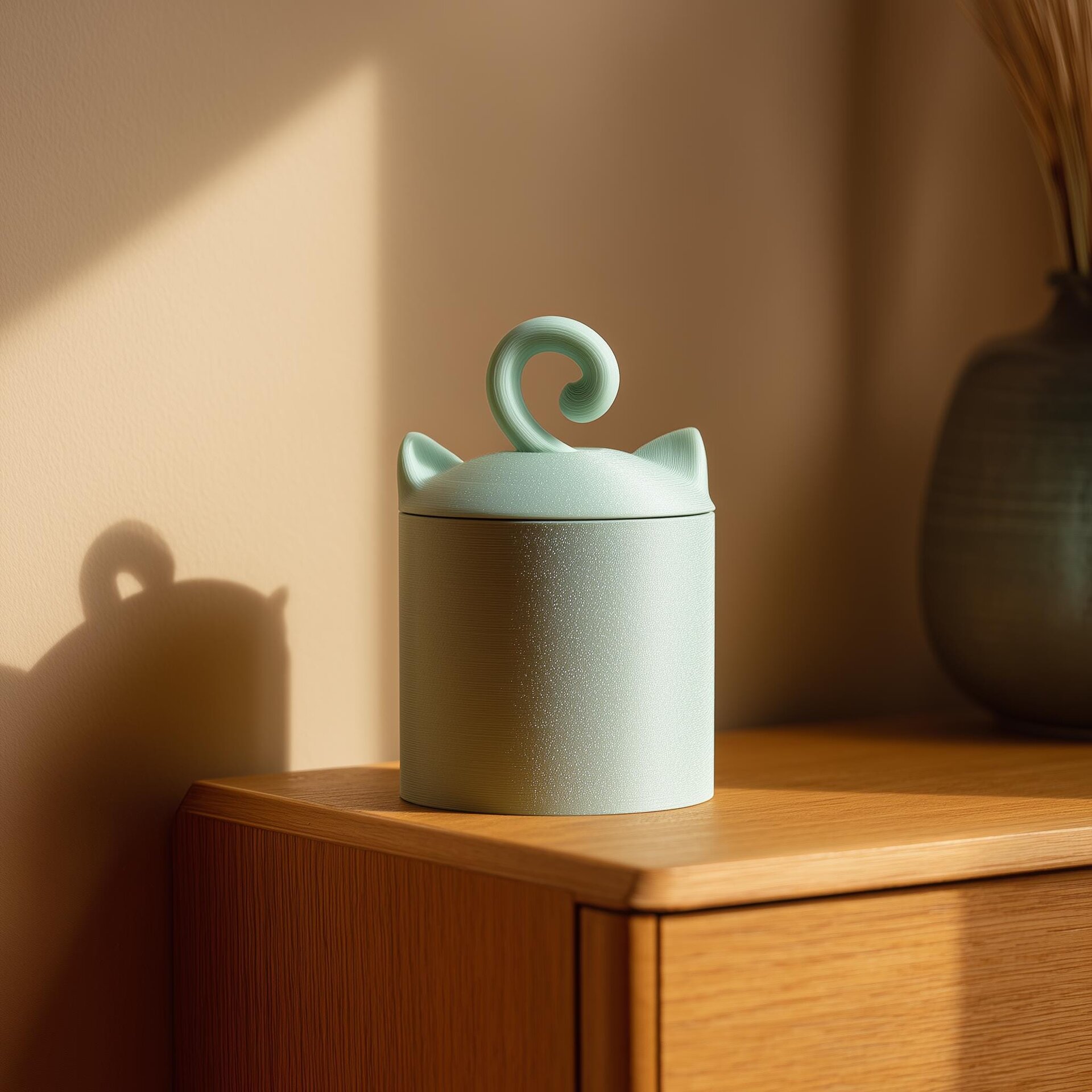 Urne Funéraire pour Animaux Chat Mignon Imprimée en 3D avec Poignée Queue sur le Couvercle | Urne de Crémation Minimaliste pour Animaux | Décoration Commémorative Douce et Moderne pour Étagère