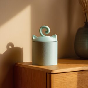 Urne Funéraire pour Animaux Chat Mignon Imprimée en 3D avec Poignée Queue sur le Couvercle | Urne de Crémation Minimaliste pour Animaux | Décoration Commémorative Douce et Moderne pour Étagère