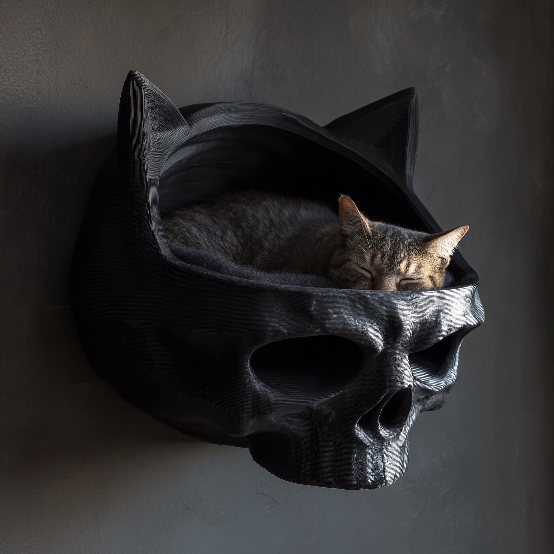 Lit pour Chat Mural Crâne Dark Fantasy | Grotte Gothique Imprimée en 3D | Coin Détente Chat Noir Flottant pour Intérieurs Modernes