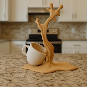 Sculpture de Tasse de Café Renversée | Art d'Éclaboussure d'Espresso Macchiato Imprimé en 3D | Cadeau pour Amateurs de Café